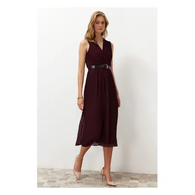 Trendyol Plum Pleated Double Breasted Collar Chiffon Lined Midi Woven Dress