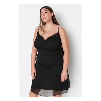 Trendyol Curve Black Weave Satin-Look Dress with Thin Straps