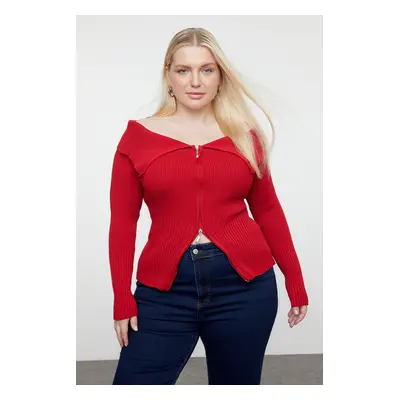 Trendyol Curve Dark Red Zippered Wide Collar Knitwear Cardigan