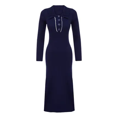 Trendyol Navy Blue Midi Knit Striped Piping Detail Dress