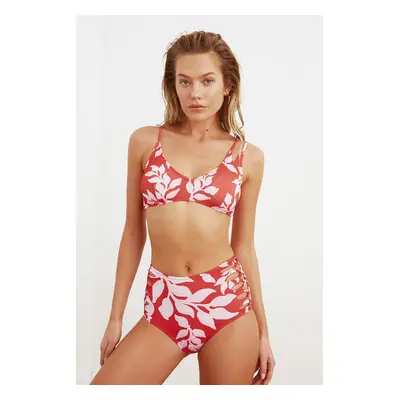 Trendyol Colorful Leaf Pattern Cross-Connected High Waist Bikini Bottom