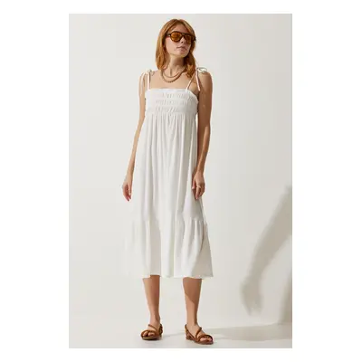 Happiness İstanbul Women's White Strappy Crinkle Summer Knitted Dress