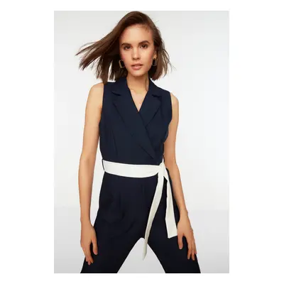 Trendyol Navy Blue Belted Double Breasted Collar Sleeveless Woven Jumpsuit