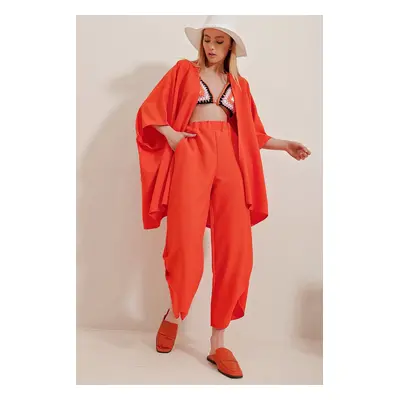 Trend Alaçatı Stili Women's Orange Self-Textured Trousers And Jacket With Slit Legs Double Suit