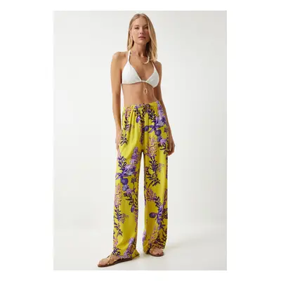 Happiness İstanbul Women's Yellow Purple Patterned Flowy Viscose Palazzo Trousers