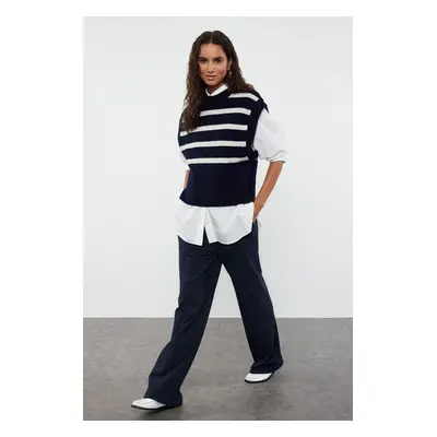 Trendyol Navy Blue Soft Texture Striped Crew Neck Knit Sweater