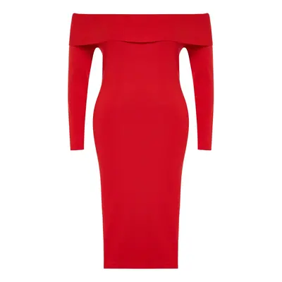 Trendyol Curve Red Carmen Collar Bodycon Midi Length Knitwear Dress