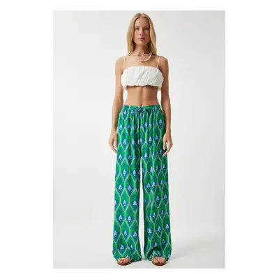 Happiness İstanbul Women's Green Blue Patterned Loose Viscose Palazzo Trousers