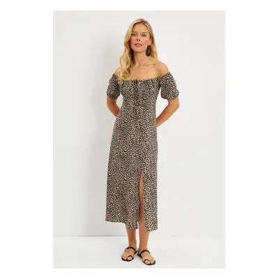 Cool & Sexy Women's Camel-Black Leopard Patterned Midi Dress