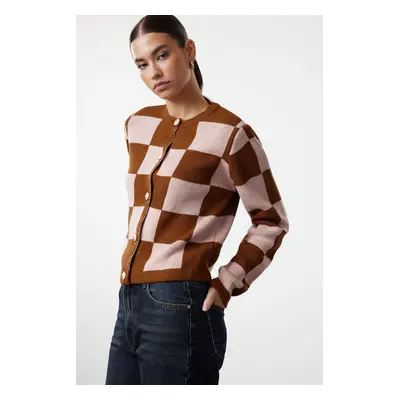 Trendyol Brown Plaid/Checked Jacket-Look Knitwear Cardigan