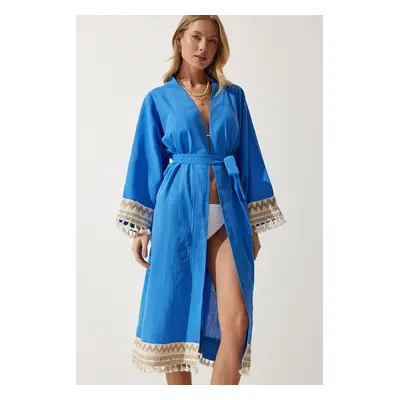 Happiness İstanbul Women's Blue Tassel Guipure Detail Long Linen Kimono