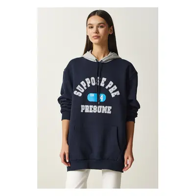 Happiness İstanbul Women's Navy Blue Hooded Rayon Printed Sweatshirt