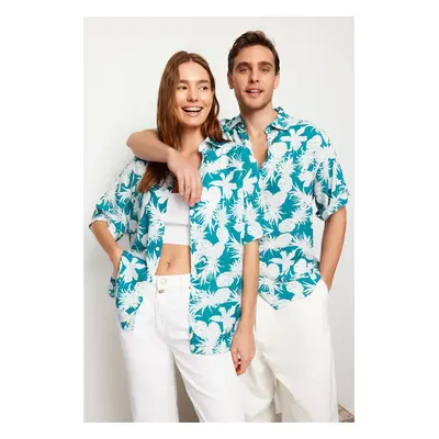 Trendyol Blue Unisex Oversize Fit Pineapple Printed 100% Viscose Short Sleeve Casual Summer Shir