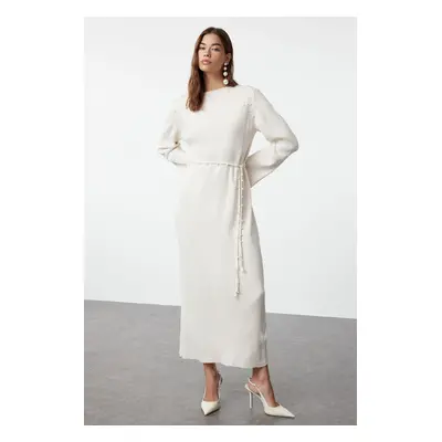 Trendyol Stone Belted Pearl Detailed Corduroy Knitwear Dress