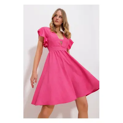 Trend Alaçatı Stili Women's Pink V-Neck Flounce Sleeves Back Zippered Aerobin Linen Woven Dress