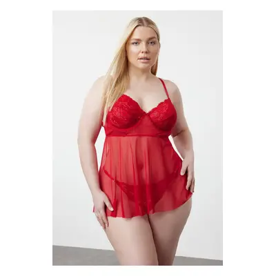 Trendyol Curve Red High Waist Underwire Babydoll& Thong Set