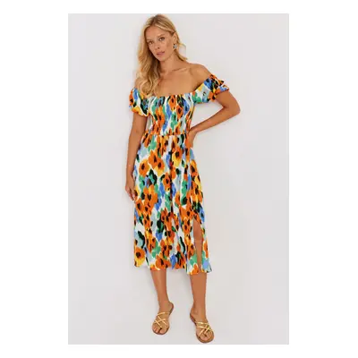 Cool & Sexy Women's Orange Gimped Patterned Midi Dress