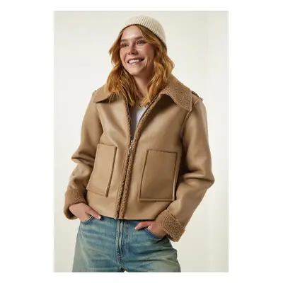 Happiness İstanbul Beige Für Collar Wide Pocket Faux Leather Jacket