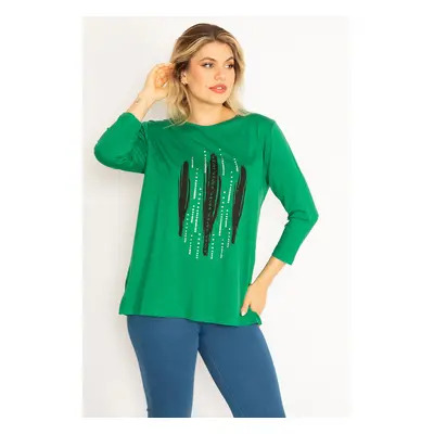 Şans Women's Plus Size Green Stone And Print Detailed Blouse