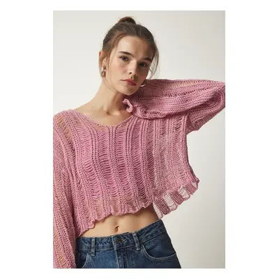 Happiness İstanbul Women's Pink V-Neck Ripped Detail Seasonal Crop Knitwear Sweater