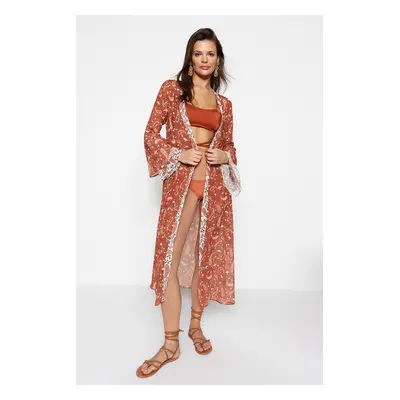 Trendyol Paisley Patterned Belted Maxi Woven Kimono & Kaftan with Ruffles