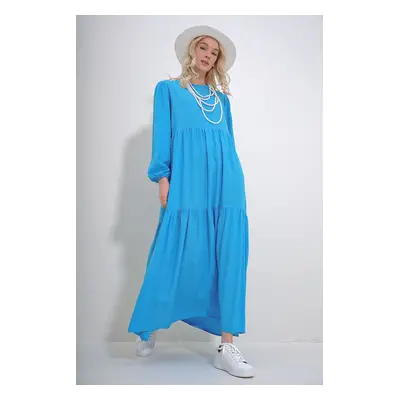 Trend Alaçatı Stili Women&#039;s Turquoise Boat Neck Balloon Sleeve Flounced Belted Viscose Dres