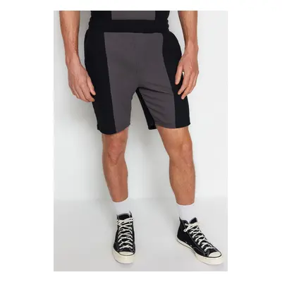 Trendyol Black Men's Regular/Normal Wear, Medium Length Textured Ottoman Color Block Shorts.