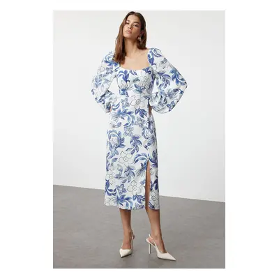 Trendyol Blue Abstract Blue Floral Patterned Midi Woven Dress