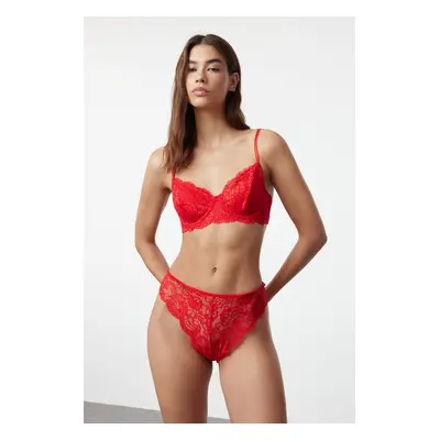 Trendyol Red Lace String Strap Underwire Coverless Knitted Underwear Set