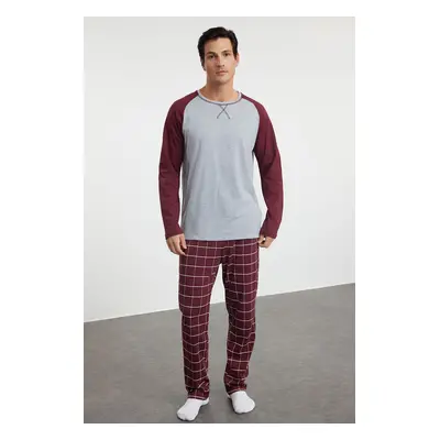 Trendyol Claret Red - Gray Men's Regular Fit Raglan Sleeve Checked Knitted Pajama Set