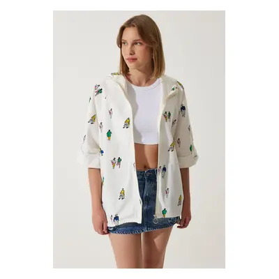 Happiness İstanbul Women's Ecru Printed Hooded Raw Linen Jacket