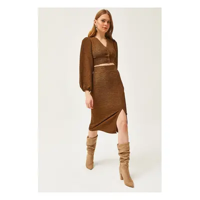 Olalook Women's Brown Slit Skirt Knitted Suit