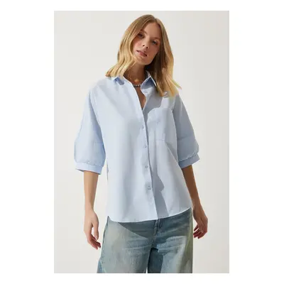 Happiness İstanbul Women's Sky Blue Balloon Sleeve Poplin Shirt