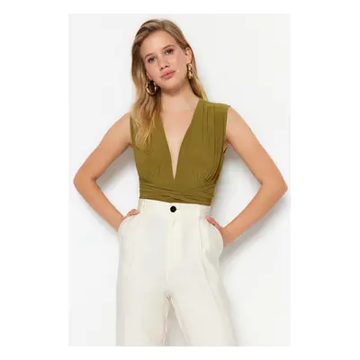 Trendyol Green Tie Detail V Neck Fitted/Sleeping Elastic Knitted Bodysuit