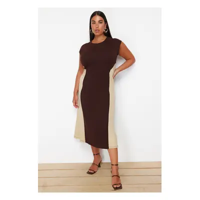 Trendyol Curve Brown-Beige Color Block Midi Crepe Knitted Plus Size Dress