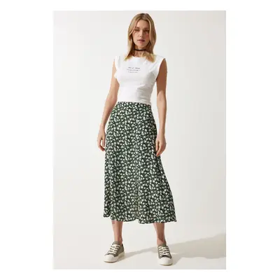 Happiness İstanbul Women's Khaki Black Floral Slit Summer Viscose Skirt