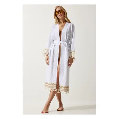 Happiness İstanbul Women's White Tassel Guipure Detail Long Linen Kimono