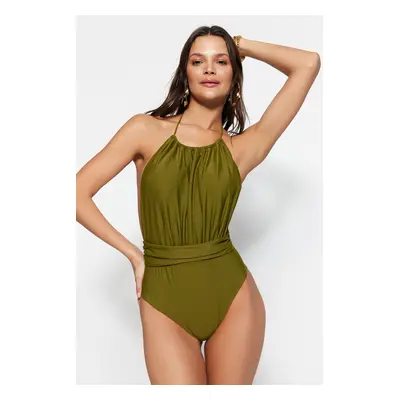 Trendyol Khaki Halterneck Pleated High Leg Swimsuit