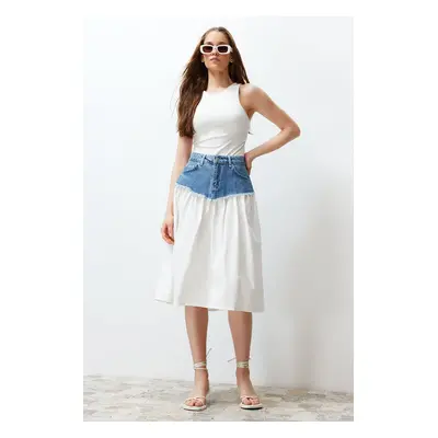 Trendyol Blue Color Block High Waist Midi Denim Skirt