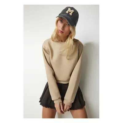 Happiness İstanbul Women's Beige Raised Crop Sweatshirt