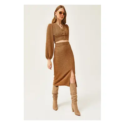 Olalook Women's Camel Slit Skirt Knitted Suit