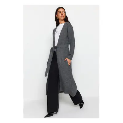 Trendyol Anthracite Belted Long Thessaloniki Knitted Sweater Cardigan