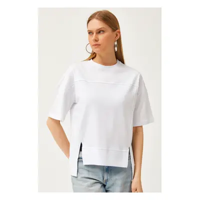 Olalook Women's White Stitching Detailed Cut-Front Cotton T-Shirt