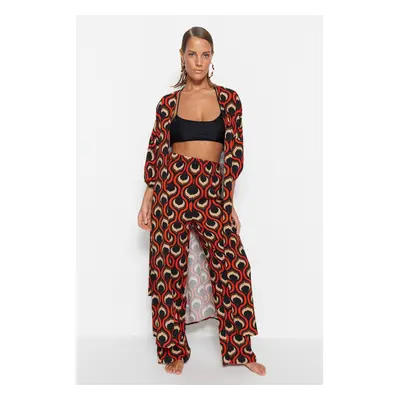 Trendyol Geometric Patterned Belted Maxi Woven Balloon Sleeve Kimono & Kaftan