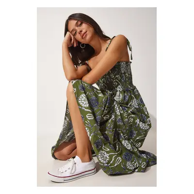 Happiness İstanbul Women's Green Floral Viscose Summer Dress with Straps