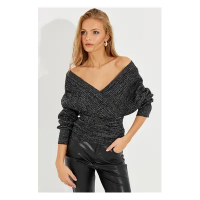 Cool & Sexy Women's Black-Silver Double Breasted Glittery Sweater