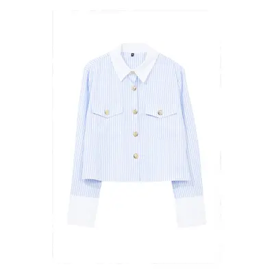 Trendyol Blue Metal Button Detailed Collar and Sleeve Detailed Striped Regular Fit Woven Shirt