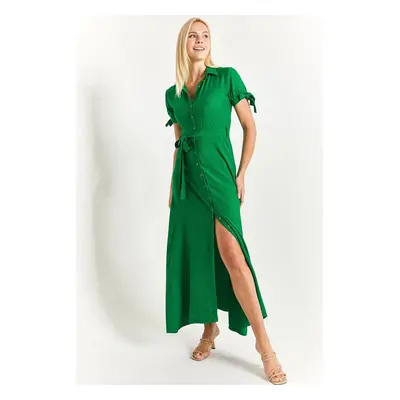 armonika Women's Green Tied Sleeve Belted Waist Shirt Dress