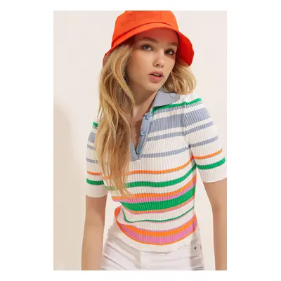 Trend Alaçatı Stili Women's Indigo Polo Neck Multi Color Striped Ribbed Knitwear T-Shirt