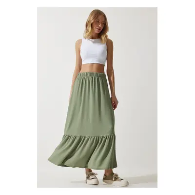 Happiness İstanbul Women's Green Flounce Summer Midi Skirt